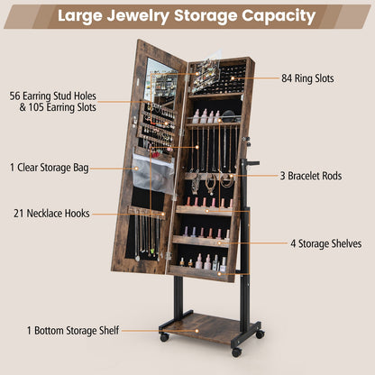 Lockable Jewelry Armoire Organizer with 3-Color Dimmable LED Full-Length Mirror-Brown