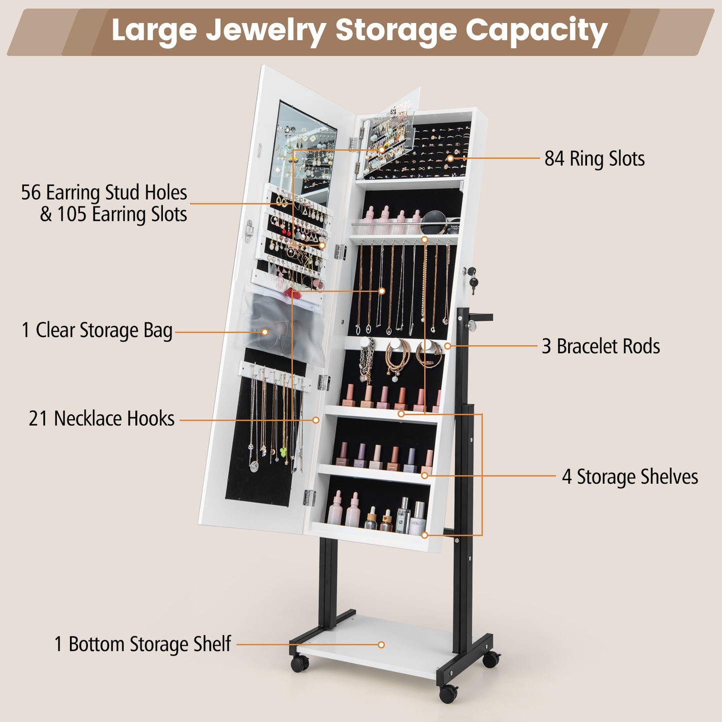 Lockable Jewelry Armoire Organizer with 3-Color Dimmable LED Full-Length Mirror-White