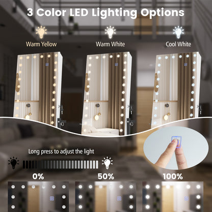 Lockable Jewelry Armoire Organizer with 3-Color Dimmable LED Full-Length Mirror-White