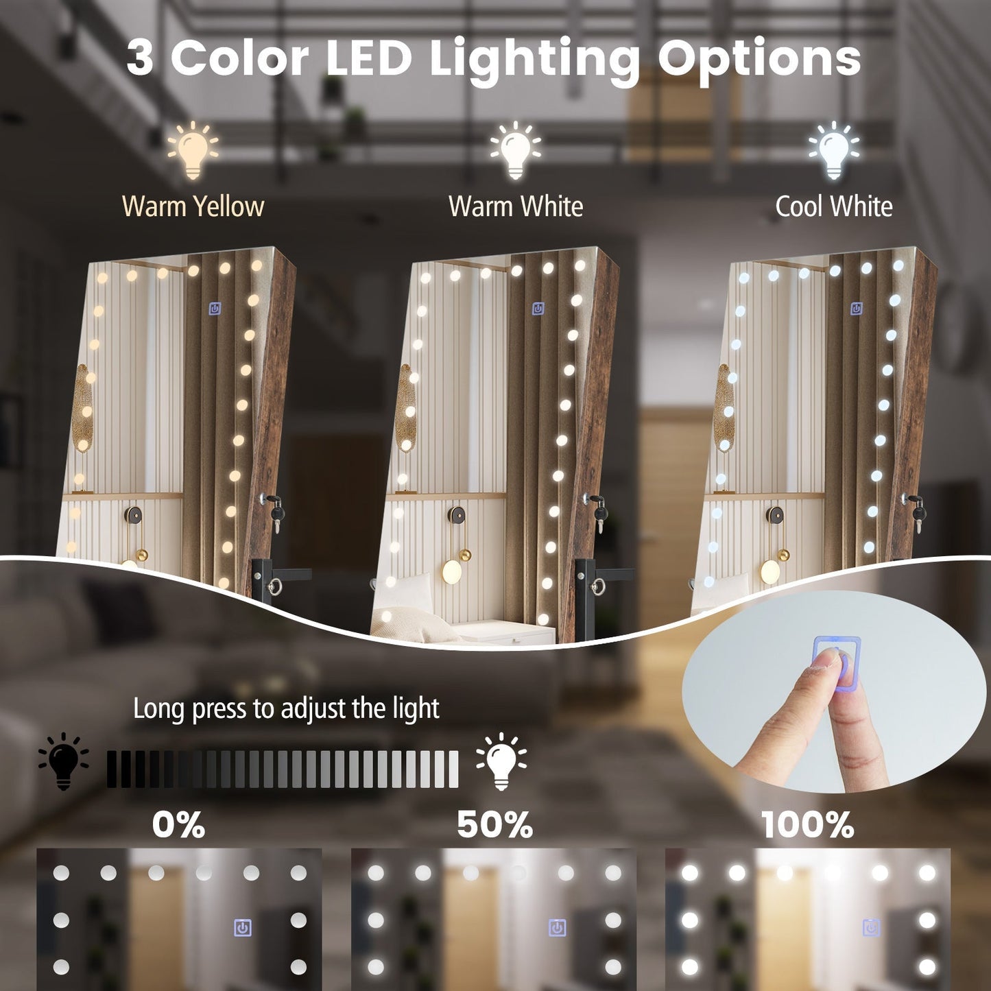 Lockable Jewelry Armoire Organizer with 3-Color Dimmable LED Full-Length Mirror-Brown