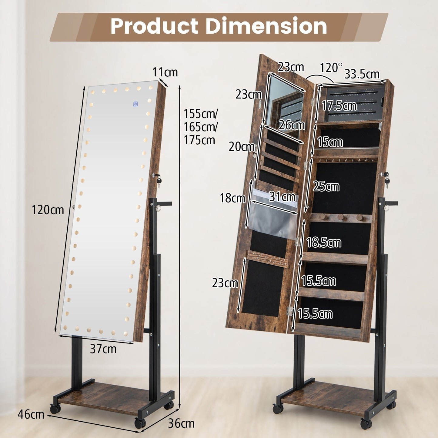 Lockable Jewelry Armoire Organizer with 3-Color Dimmable LED Full-Length Mirror-Brown