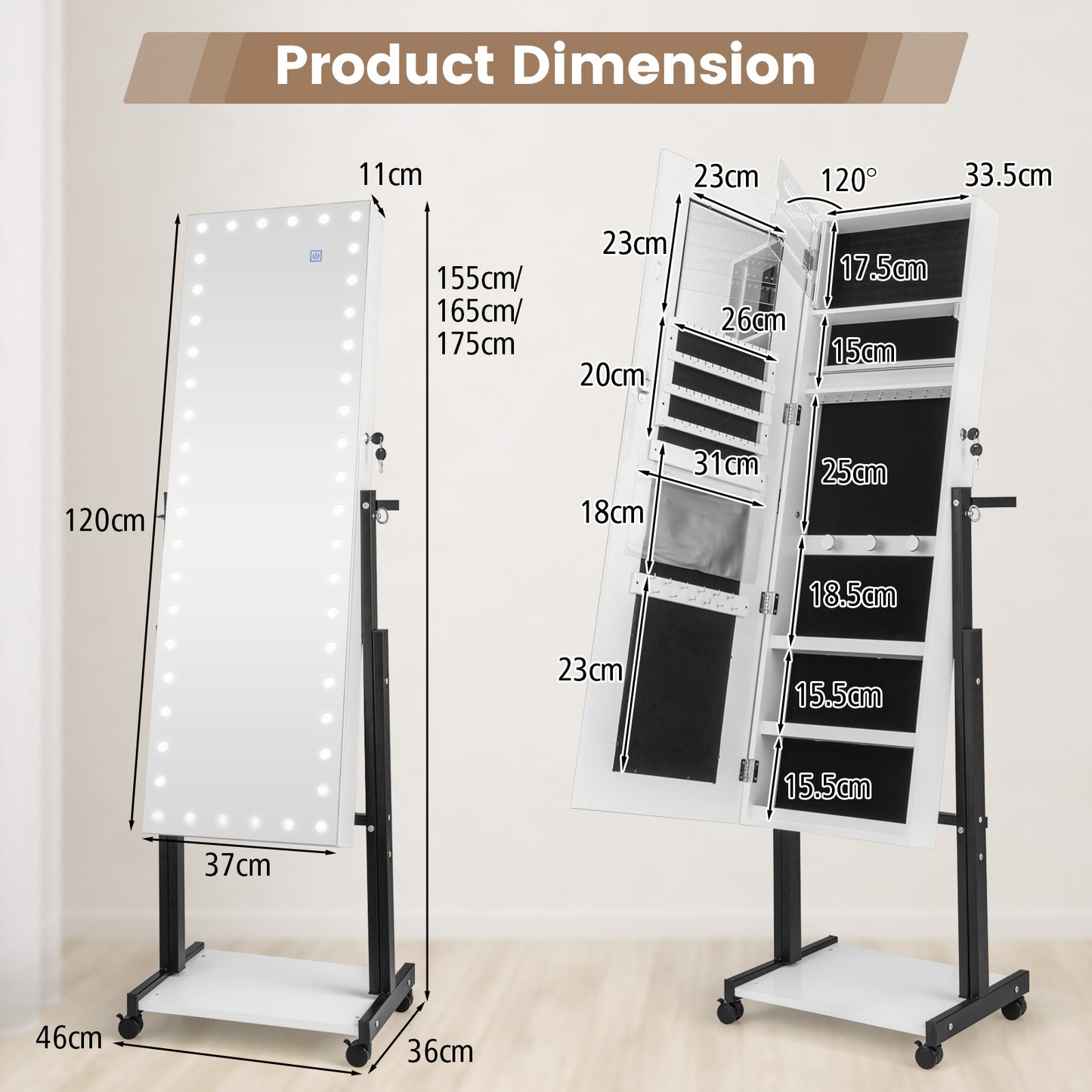 Lockable Jewelry Armoire Organizer with 3-Color Dimmable LED Full-Length Mirror-White