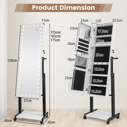 Lockable Jewelry Armoire Organizer with 3-Color Dimmable LED Full-Length Mirror-White