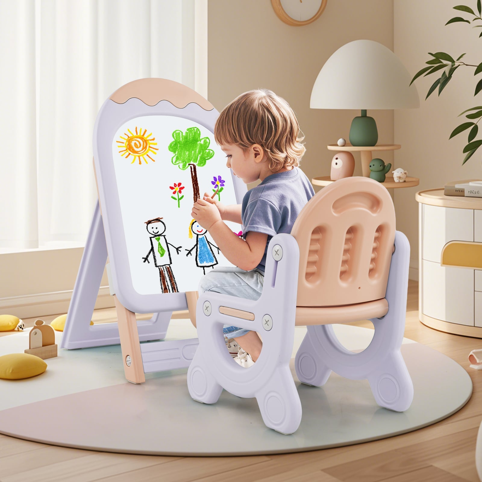 Height-adjustable and Foldable Standing Kids Art Easel with Chair-Pink & Purple