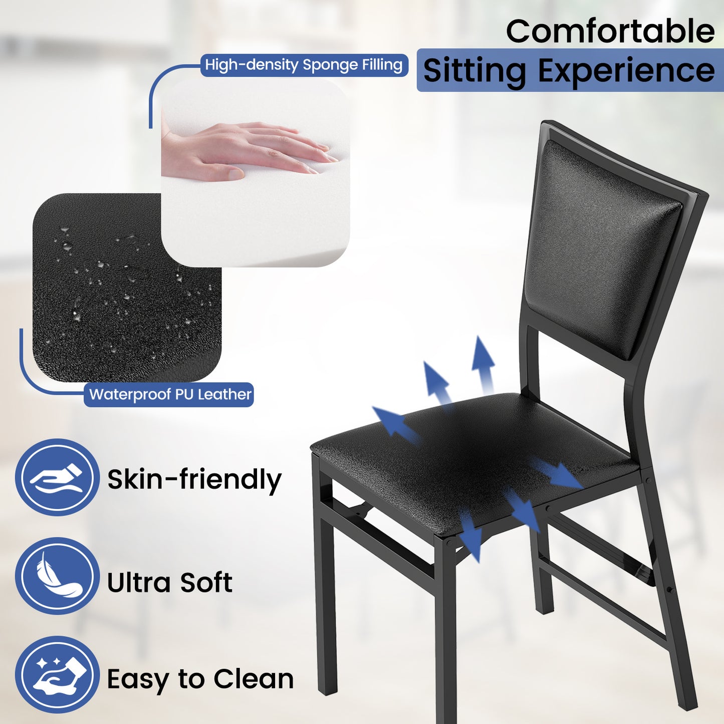 Steel Folding Chair Set of 4 with High Backrest and Steel Frame
