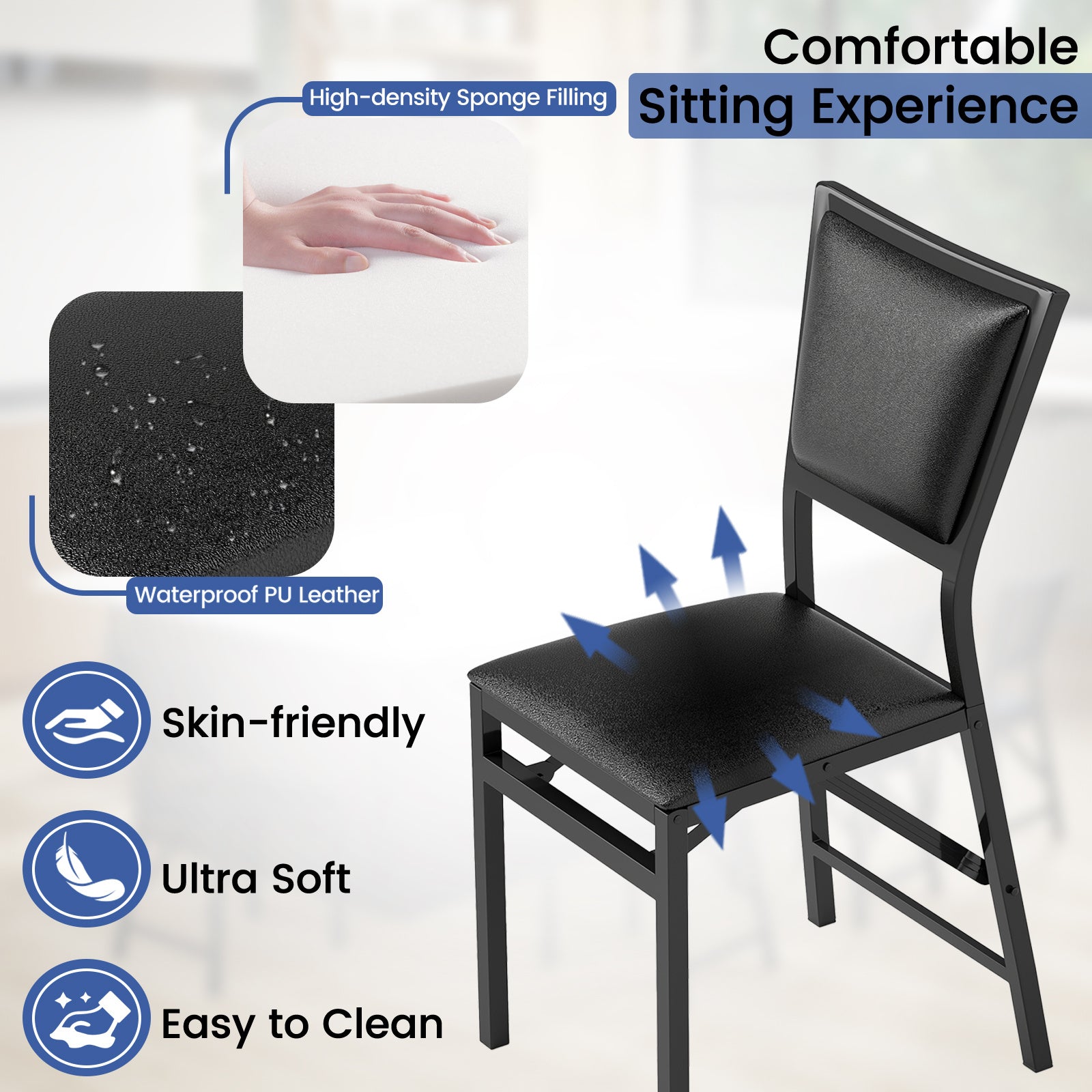 Steel Folding Chair Set of 4 with High Backrest and Steel Frame