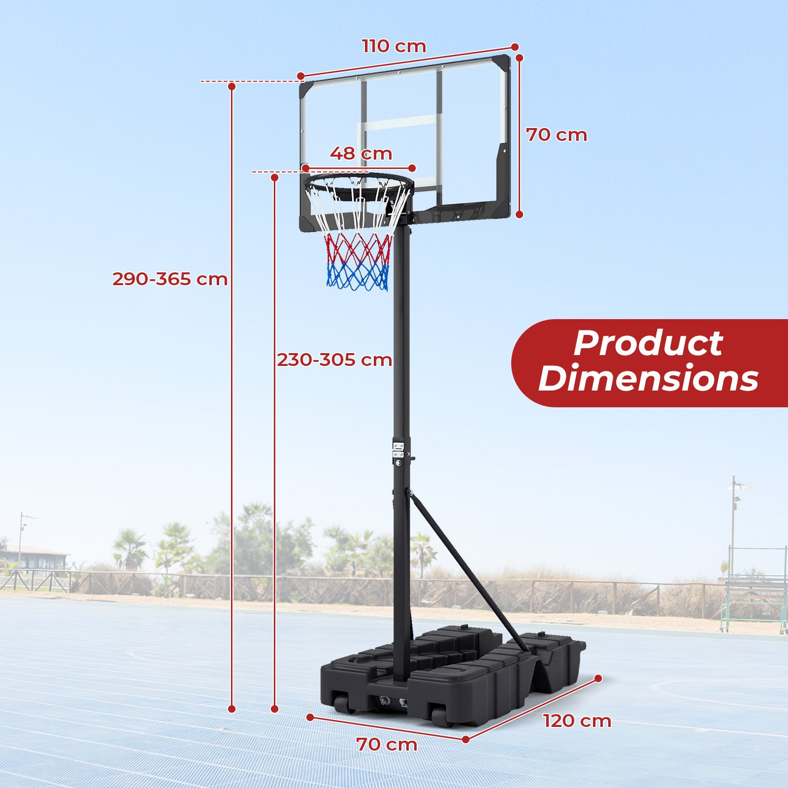 Stepless Adjustable Basketball Hoop with Stable Weighted Base