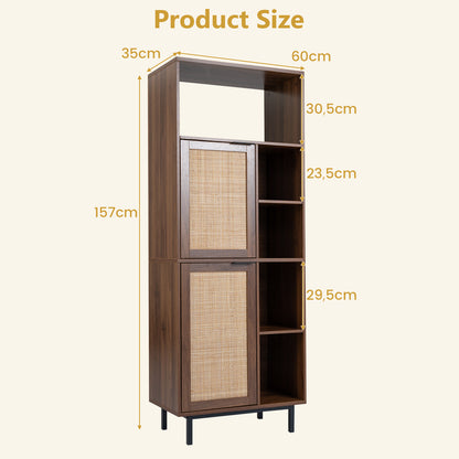 Storage Cabinet with 2 Rattan Doors and 5 Compartments-Brown
