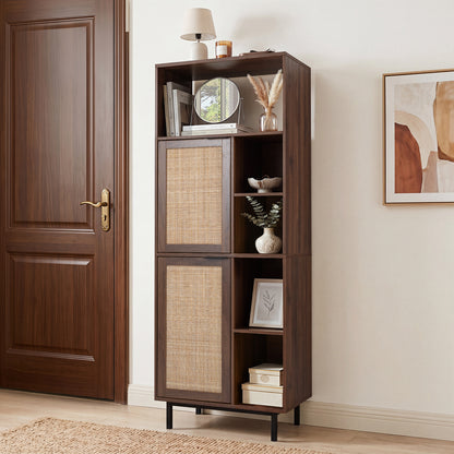 Storage Cabinet with 2 Rattan Doors and 5 Compartments-Brown