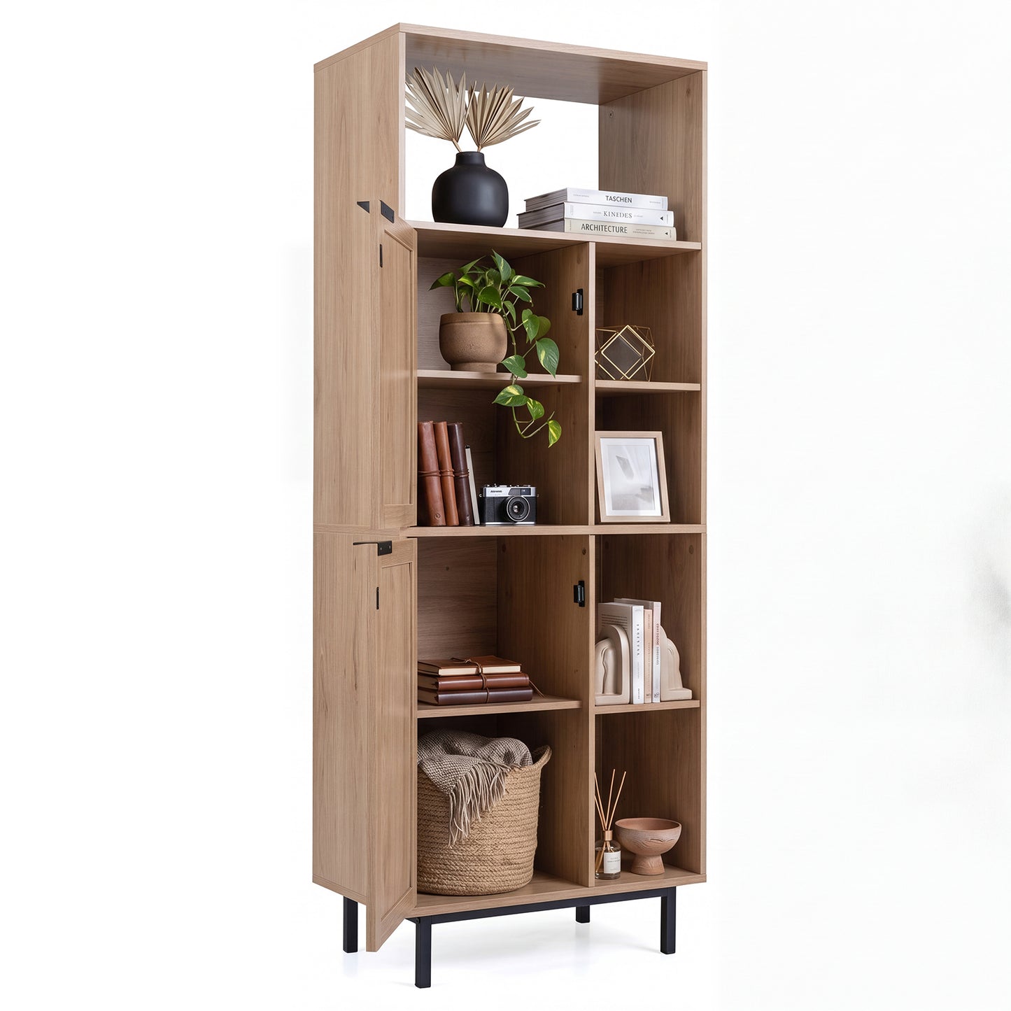 Storage Cabinet with 2 Rattan Doors and 5 Compartments-Natural