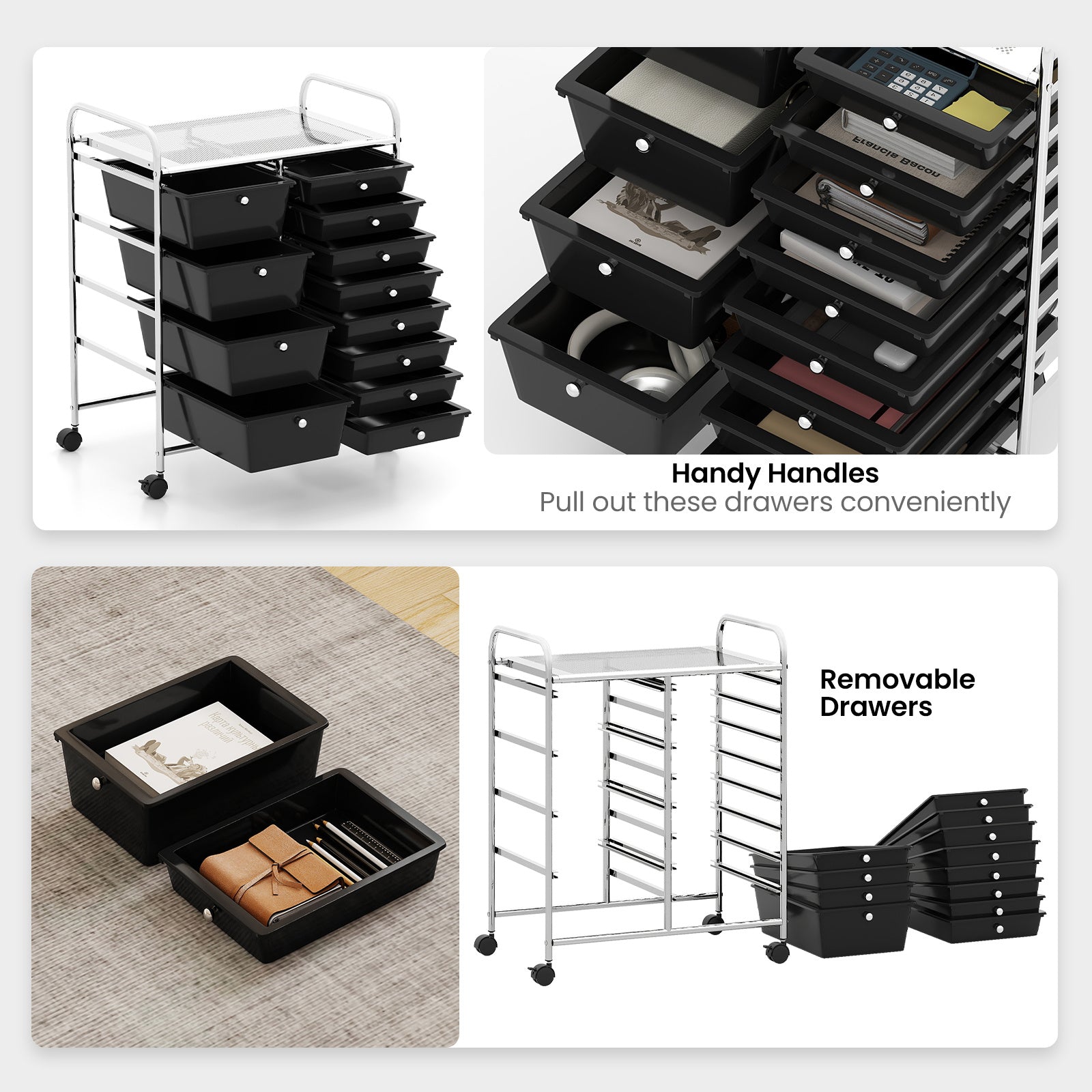 Storage Cart with 2-Size Drawer Rolling Cart Large Countertop Side Handles-Black