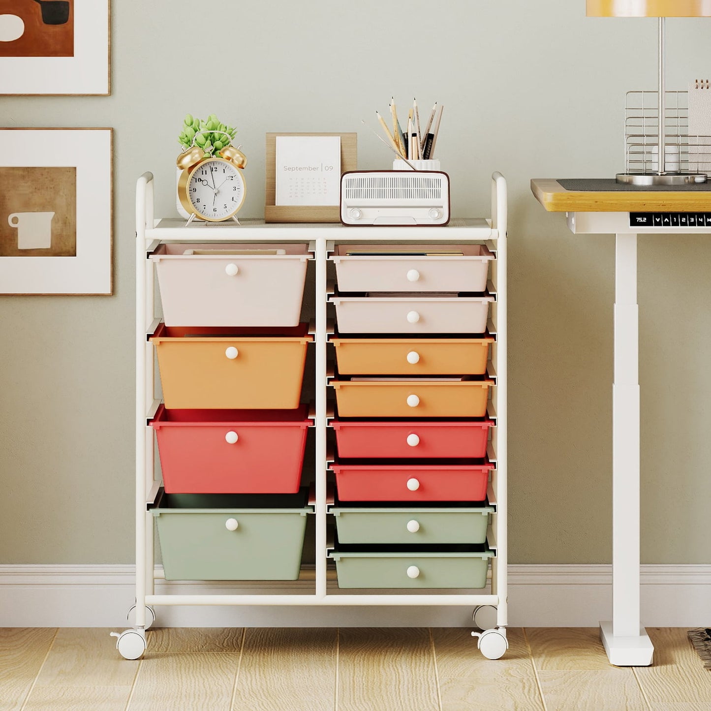 Storage Cart with 2-Size Drawer Rolling Cart Large Countertop Side Handles-Macaron