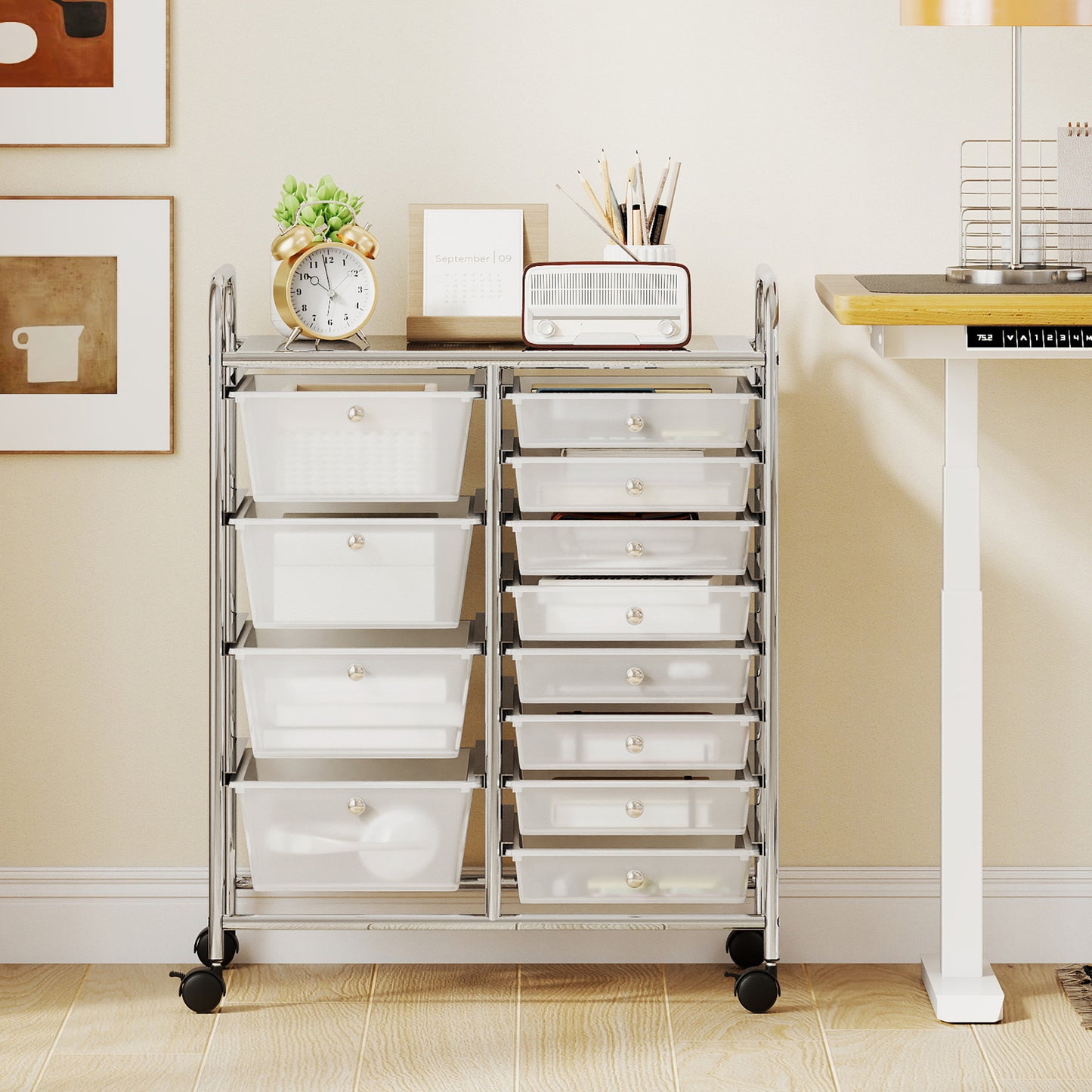 Storage Cart with 2-Size Drawer Rolling Cart Large Countertop Side Handles-Transparent