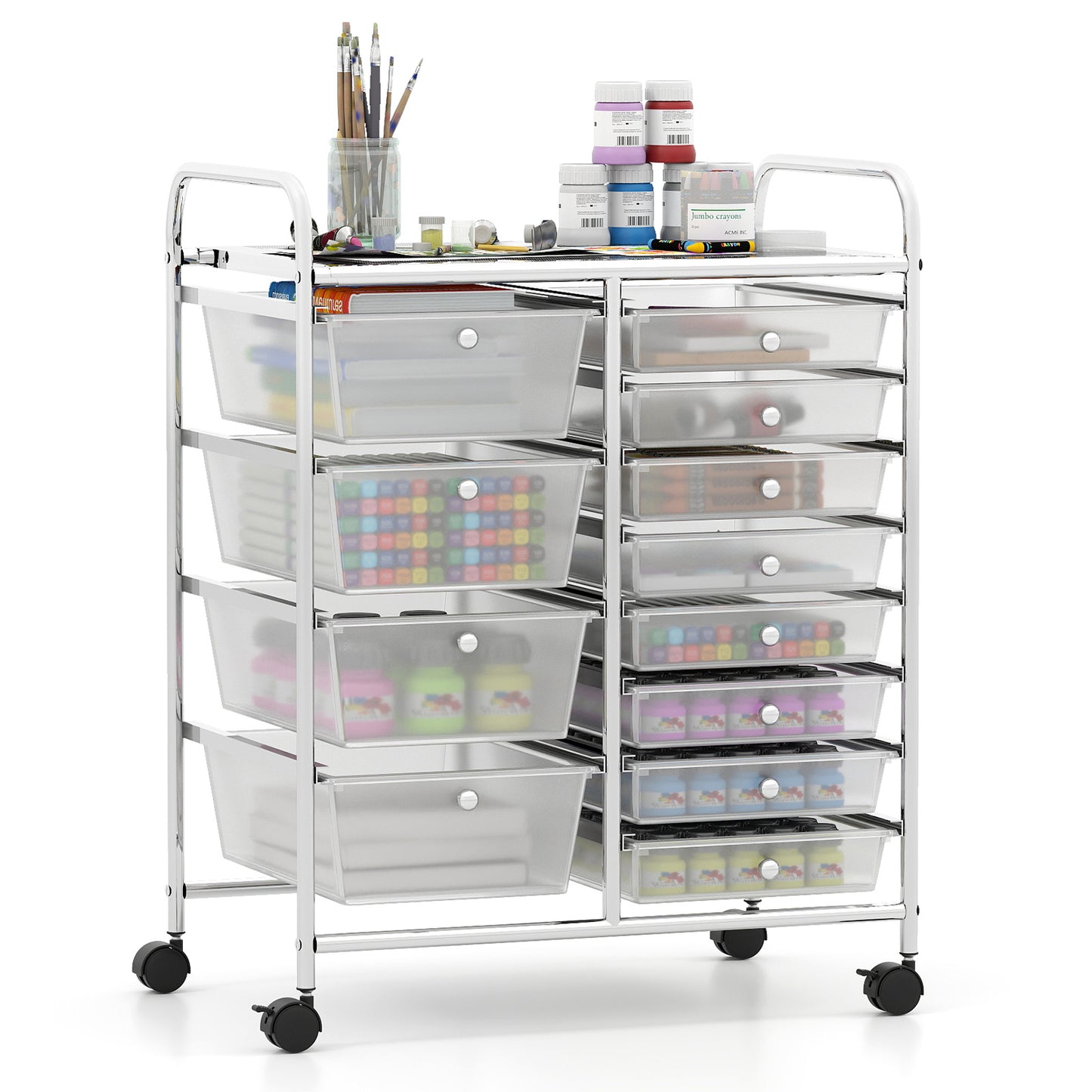 Storage Cart with 2-Size Drawer Rolling Cart Large Countertop Side Handles-Transparent