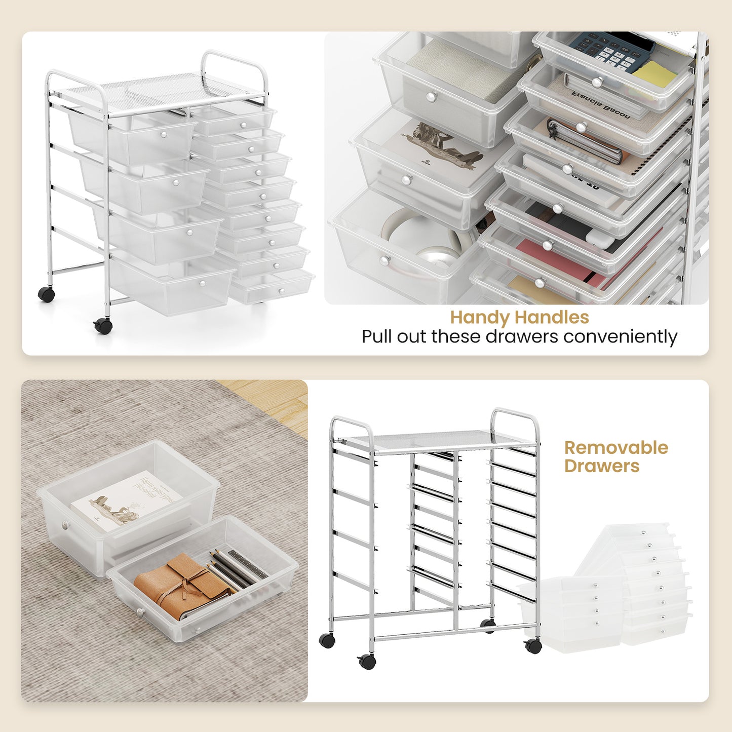 Storage Cart with 2-Size Drawer Rolling Cart Large Countertop Side Handles-Transparent
