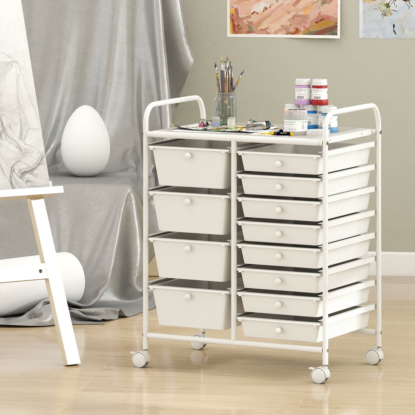 Storage Cart with 2-Size Drawer Rolling Cart Large Countertop Side Handles-White