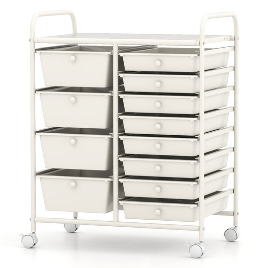 Storage Cart with 2-Size Drawer Rolling Cart Large Countertop Side Handles-White