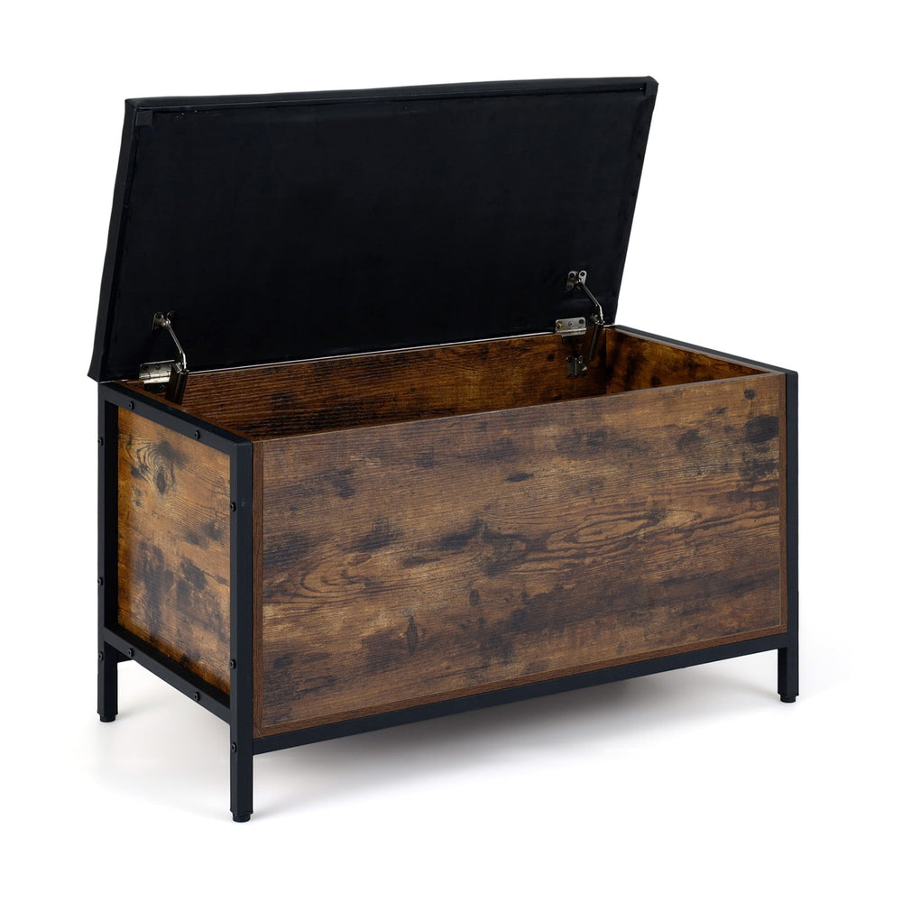 Storage Chest Industrial Shoe Bench with Faux Leather Padded Seat-Rustic Brown