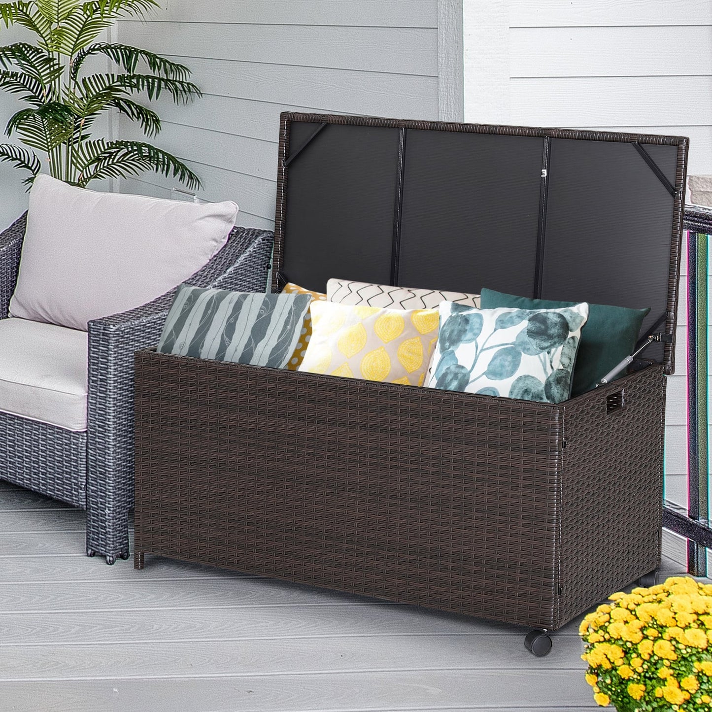190L Deck Storage Box Patio Rattan Storage Container with 2 Wheels