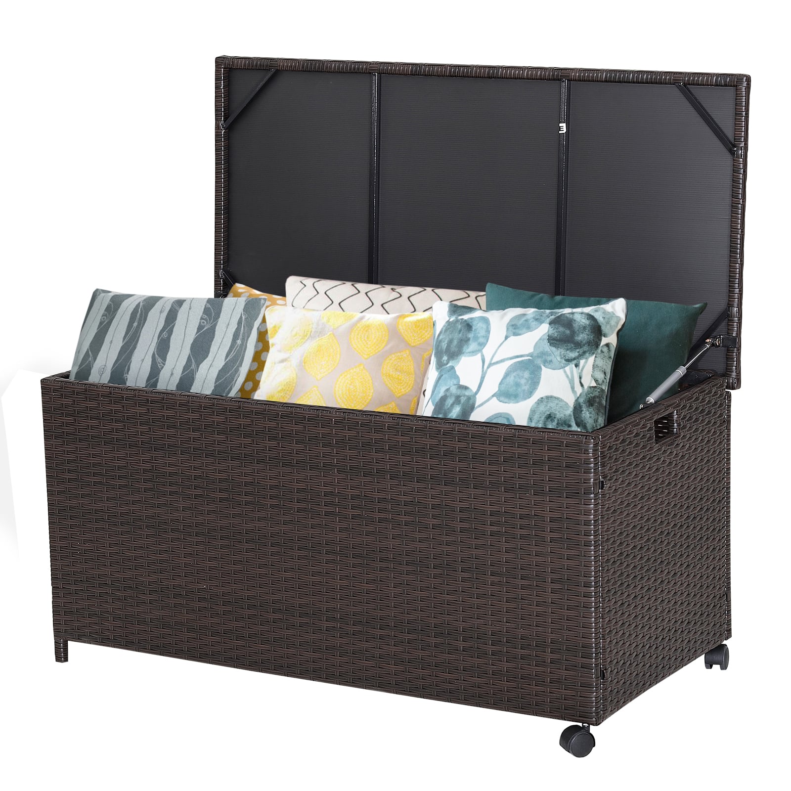 190L Deck Storage Box Patio Rattan Storage Container with 2 Wheels