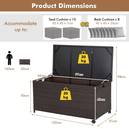 190L Deck Storage Box Patio Rattan Storage Container with 2 Wheels