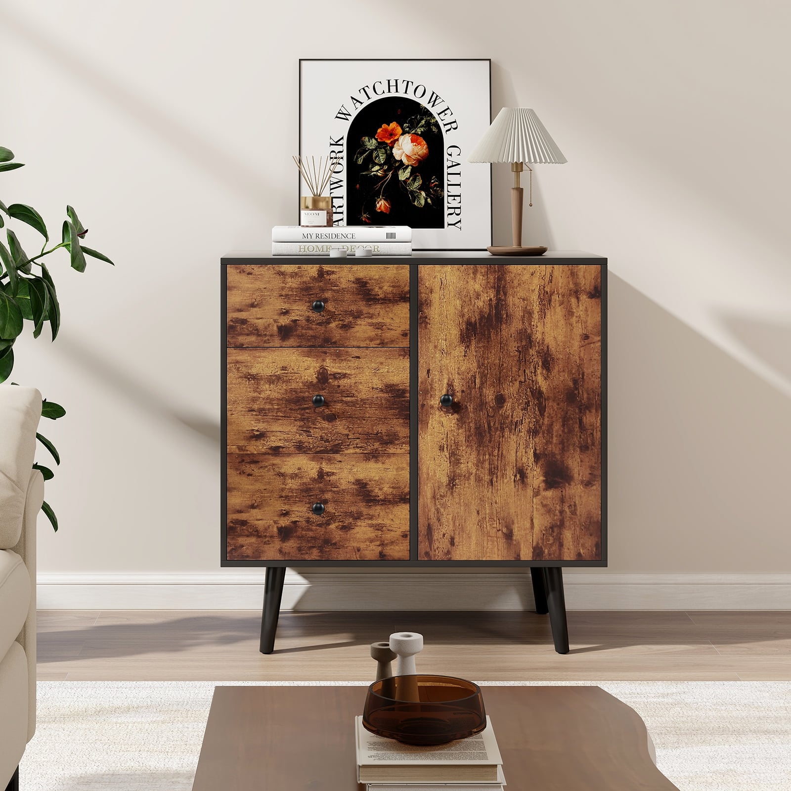 Storage Cabinet with 3 Drawer and 1 Side Cabinet-Rustic Brown