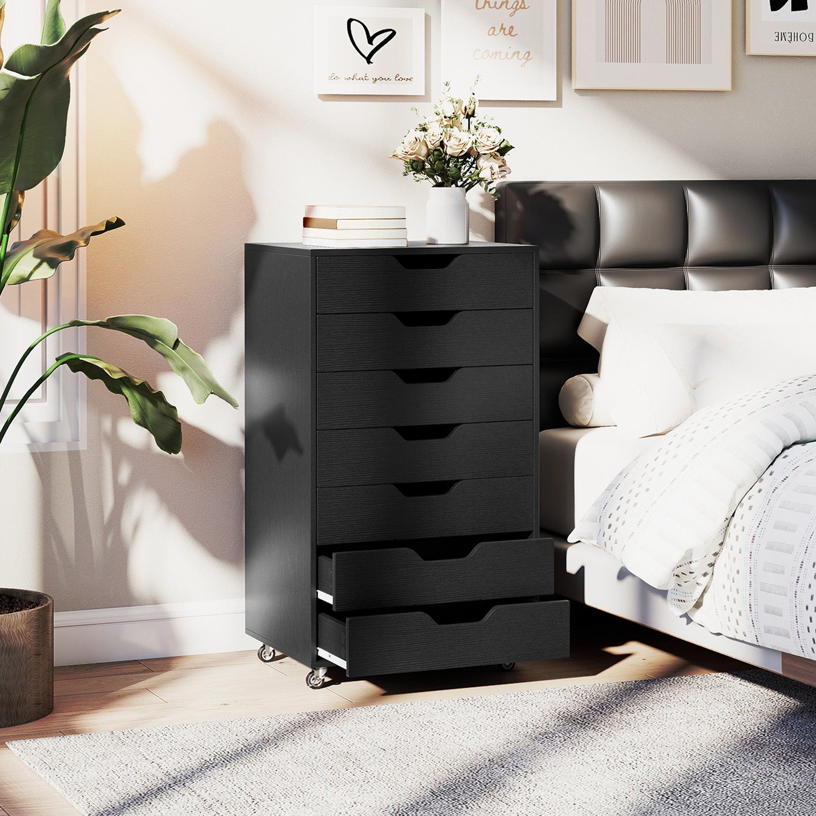 Rolling container with 7 drawers, mobile filing cabinet with wheels, office container, drawer cabinet, black