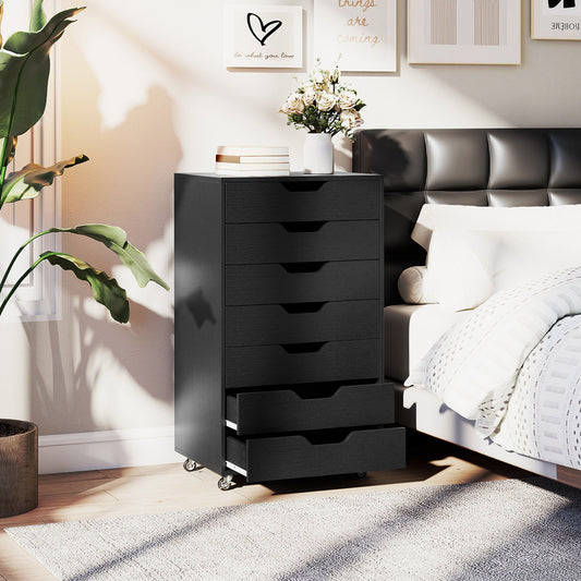 Rolling container with 7 drawers, mobile filing cabinet with wheels, office container, drawer cabinet, black