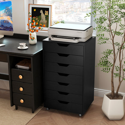 Rolling container with 7 drawers, mobile filing cabinet with wheels, office container, drawer cabinet, black