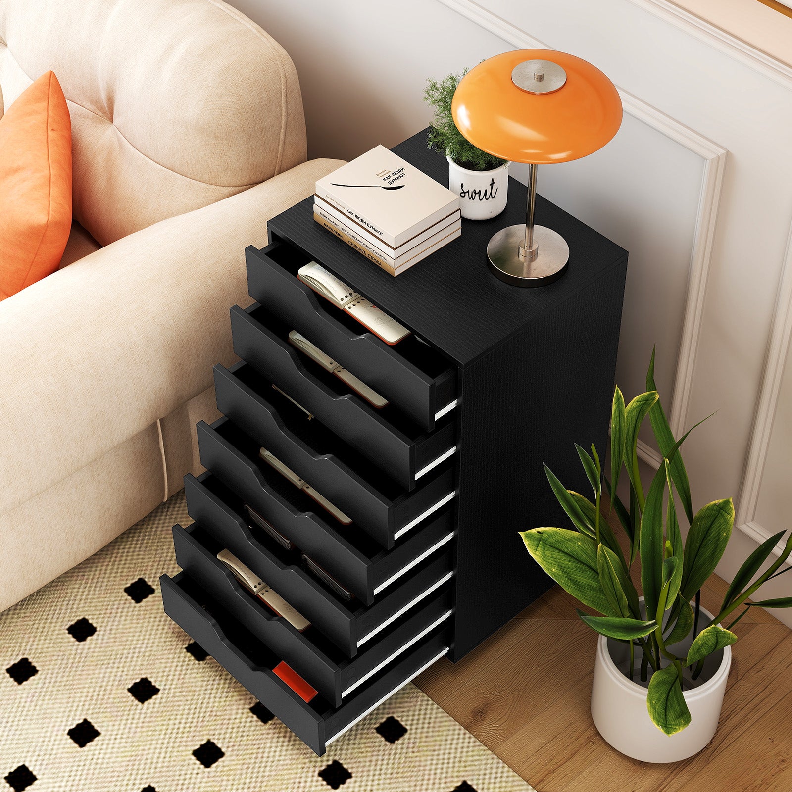 Rolling container with 7 drawers, mobile filing cabinet with wheels, office container, drawer cabinet, black