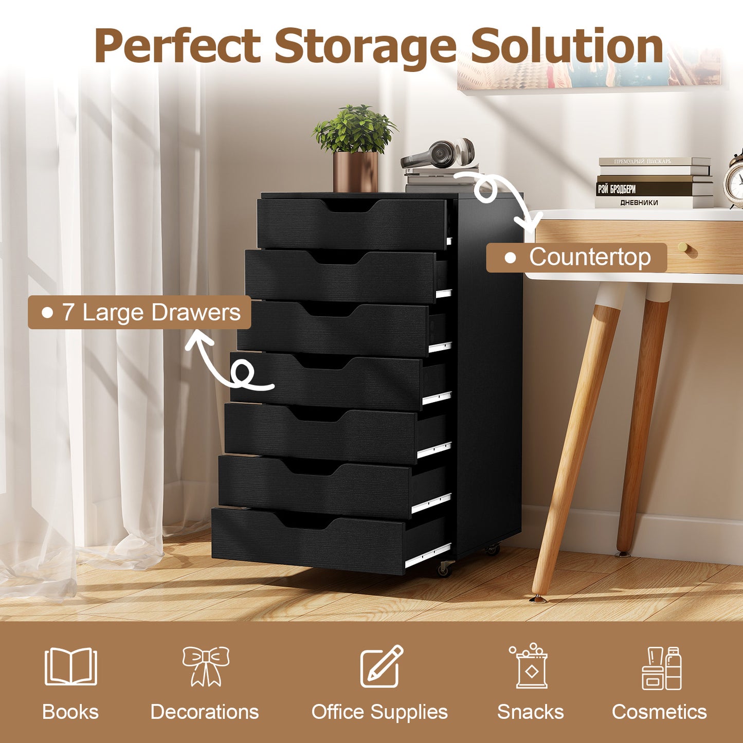 Rolling container with 7 drawers, mobile filing cabinet with wheels, office container, drawer cabinet, black