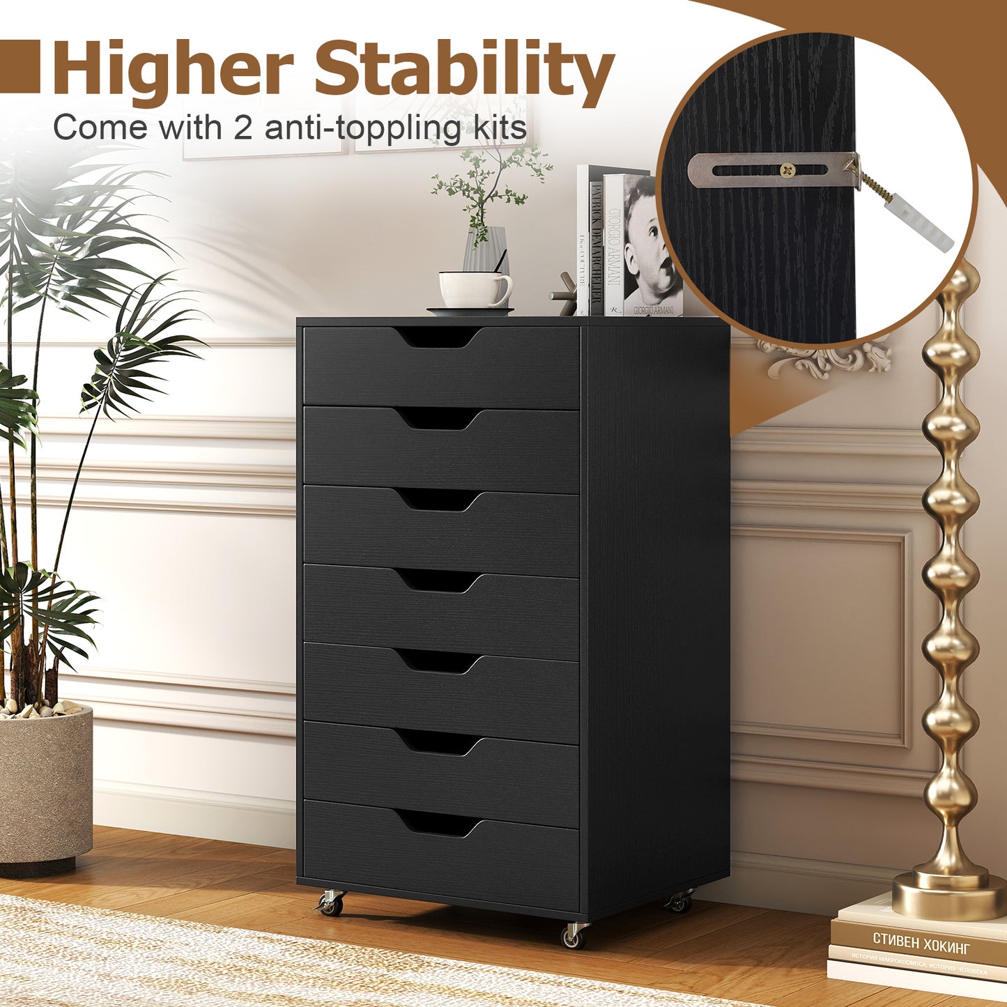 Rolling container with 7 drawers, mobile filing cabinet with wheels, office container, drawer cabinet, black