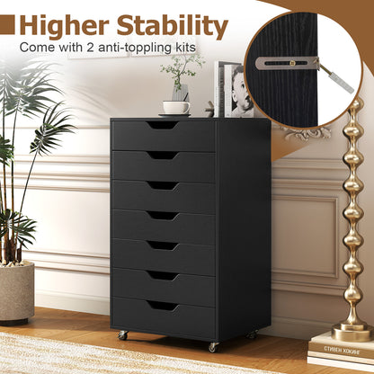 Rolling container with 7 drawers, mobile filing cabinet with wheels, office container, drawer cabinet, black