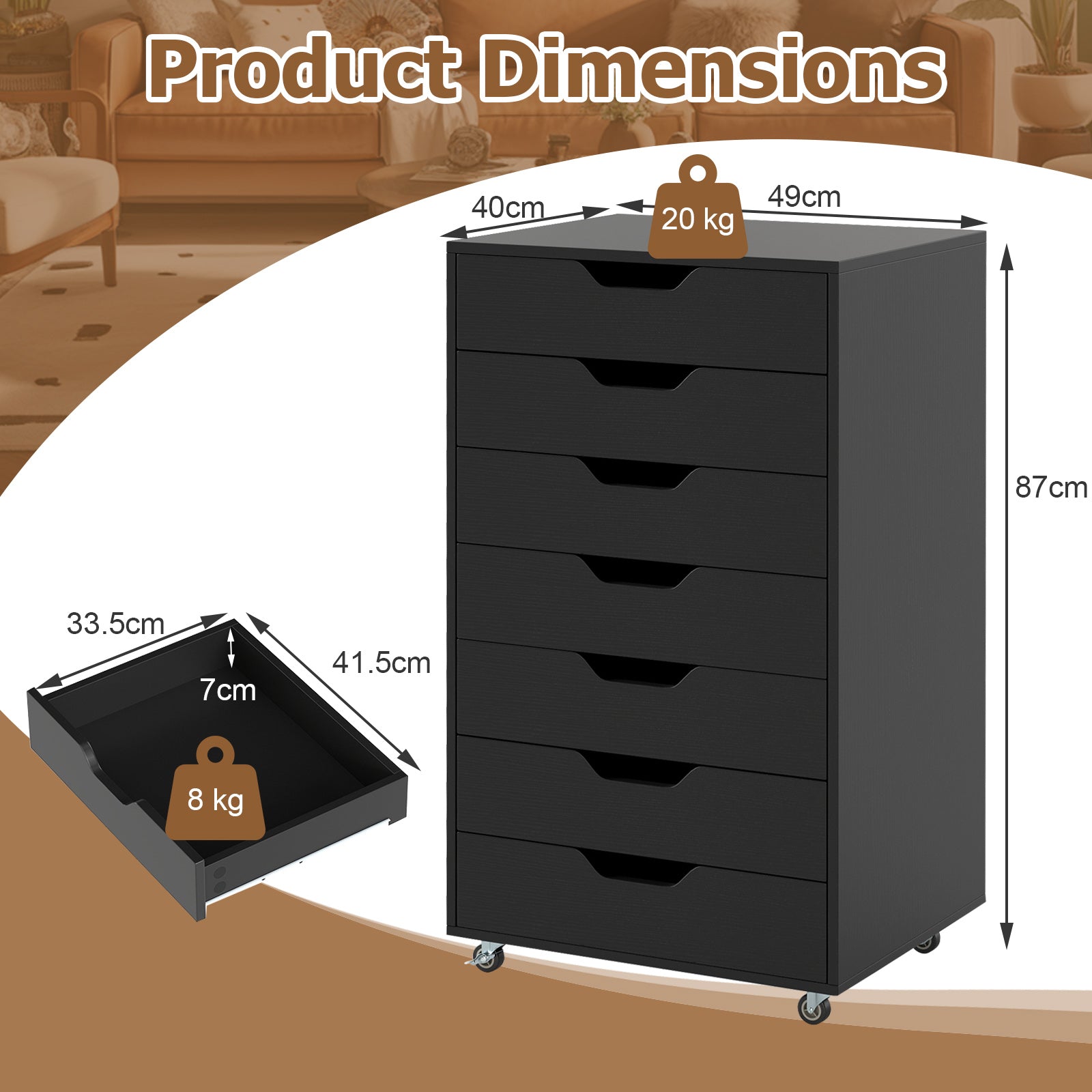 Rolling container with 7 drawers, mobile filing cabinet with wheels, office container, drawer cabinet, black