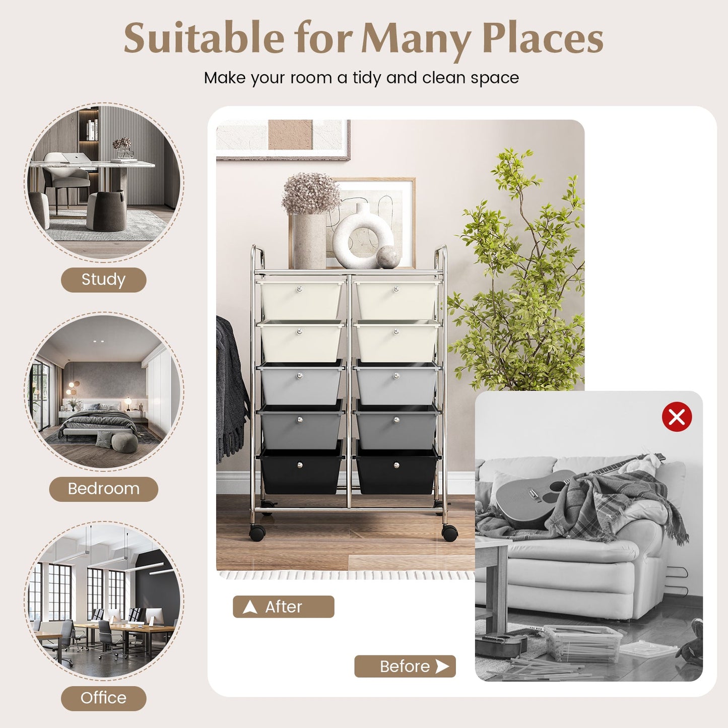 Storage Rolling Cart with 10-Drawer for Tools Scrapbook Paper Organising-Black &amp;amp;amp; White