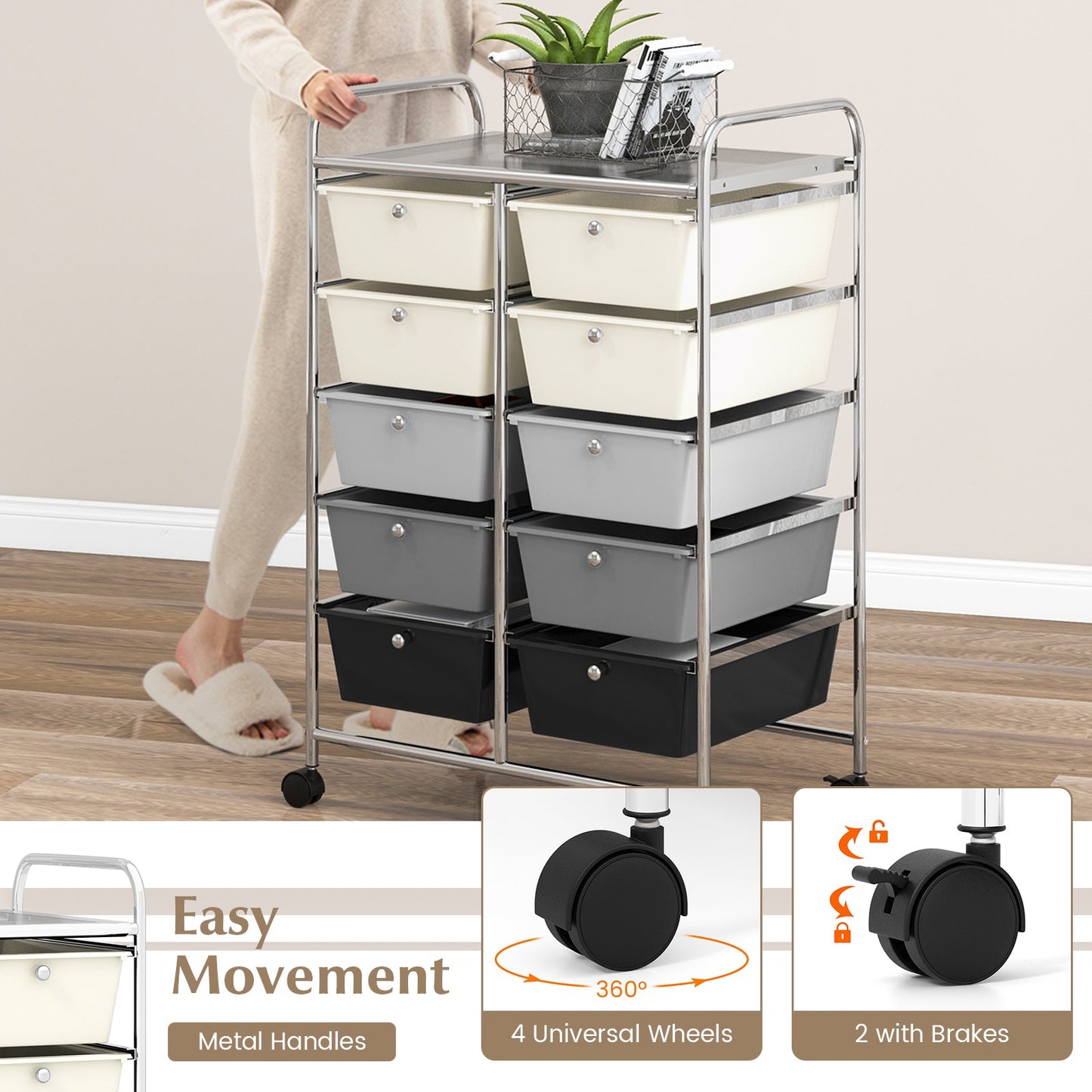 Storage Rolling Cart with 10-Drawer for Tools Scrapbook Paper Organising-Black &amp;amp;amp; White