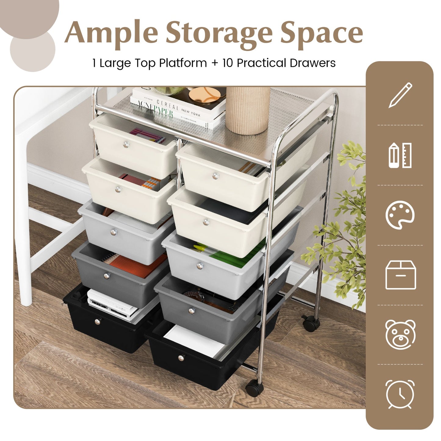 Storage Rolling Cart with 10-Drawer for Tools Scrapbook Paper Organising-Black &amp;amp;amp; White