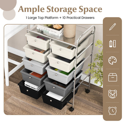 Storage Rolling Cart with 10-Drawer for Tools Scrapbook Paper Organising-Black &amp;amp;amp; White