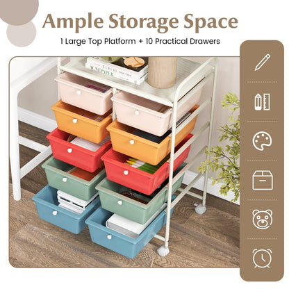 Storage Rolling Cart with 10-Drawer for Tools Scrapbook Paper Organising-Colourful