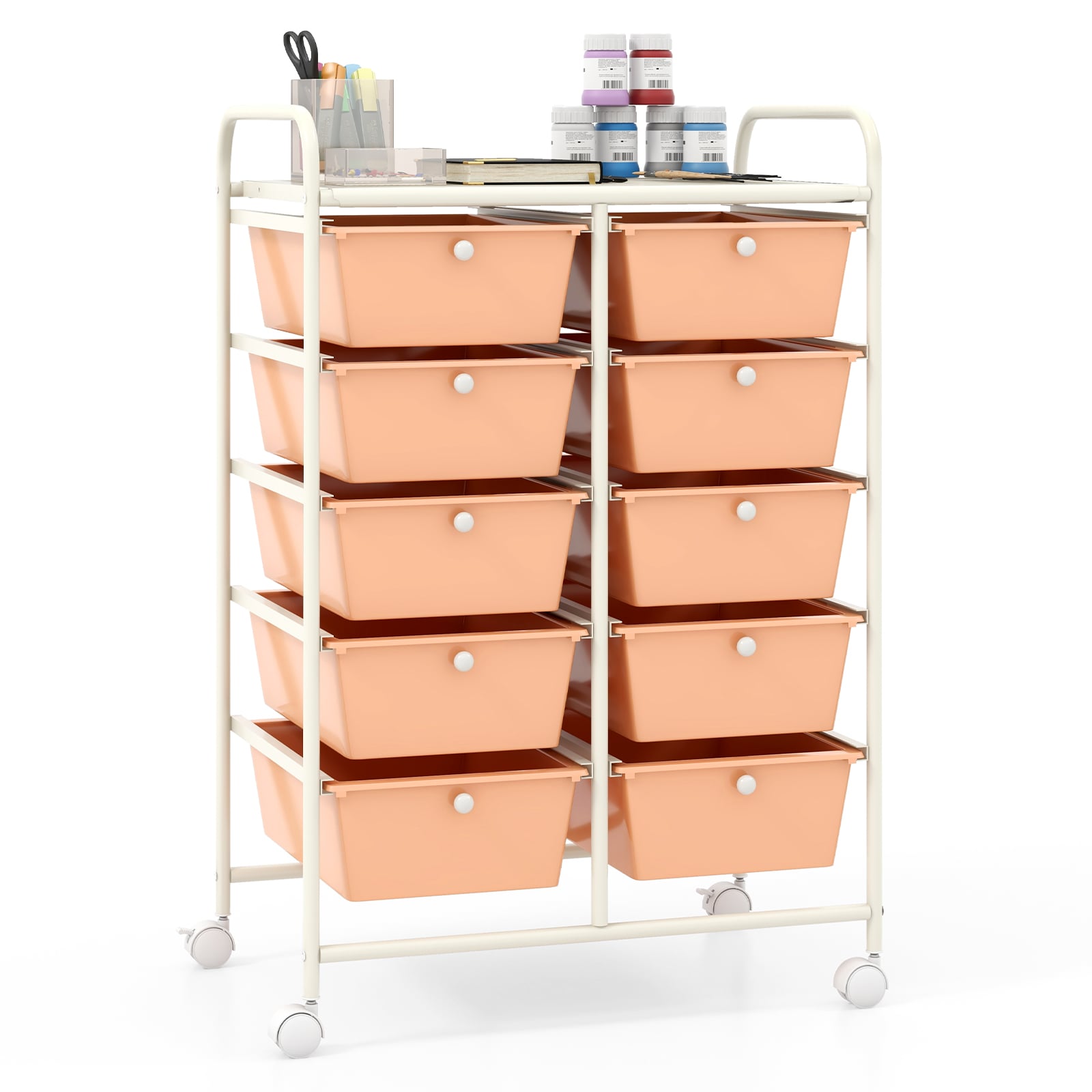Storage Rolling Cart with 10-Drawer for Tools Scrapbook Paper Organising-Soft Peach