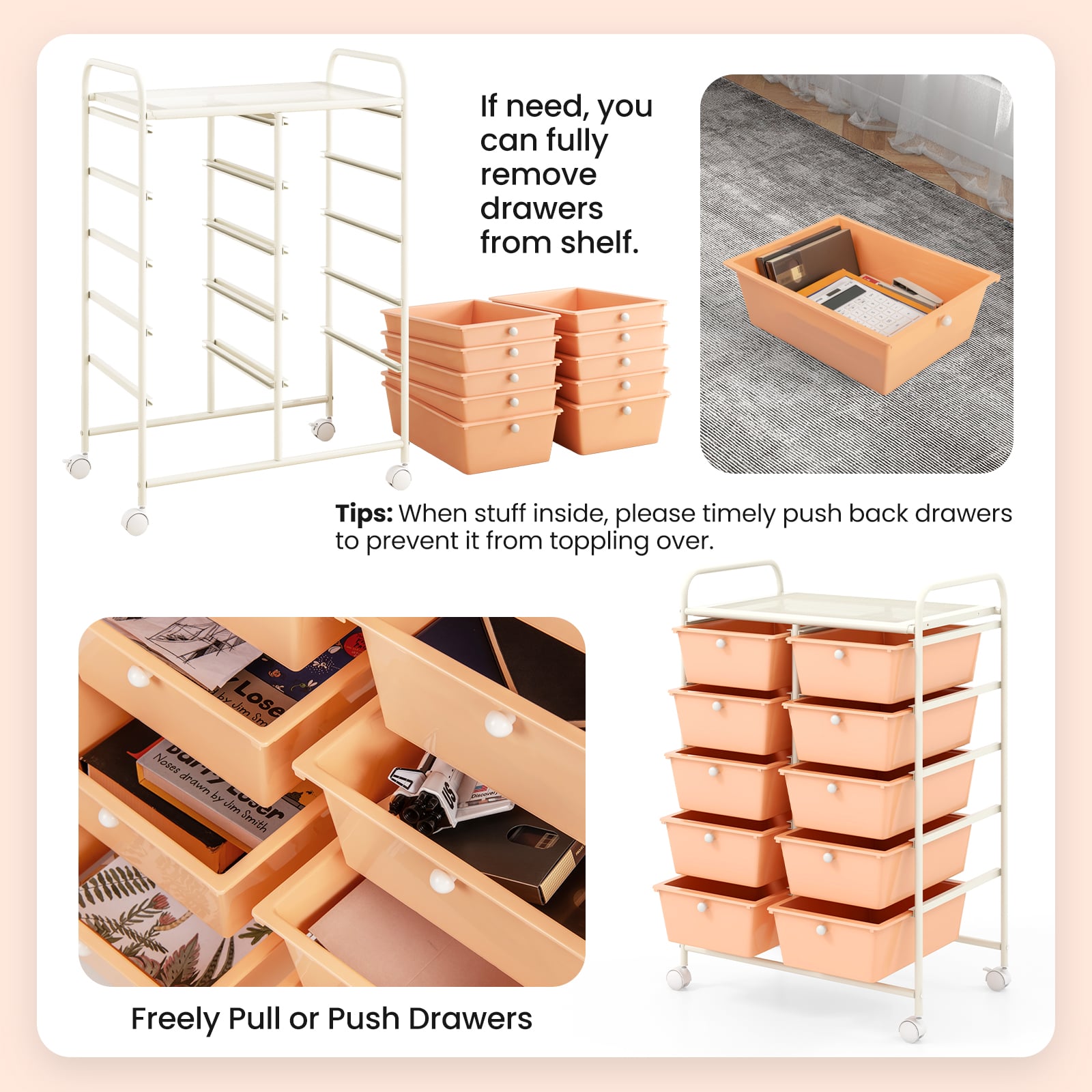 Storage Rolling Cart with 10-Drawer for Tools Scrapbook Paper Organising-Soft Peach