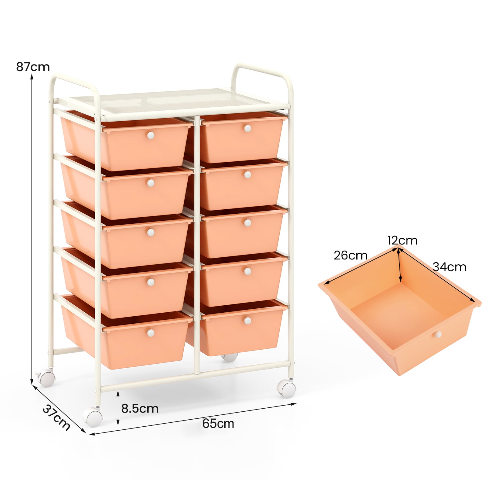 Storage Rolling Cart with 10-Drawer for Tools Scrapbook Paper Organising-Soft Peach