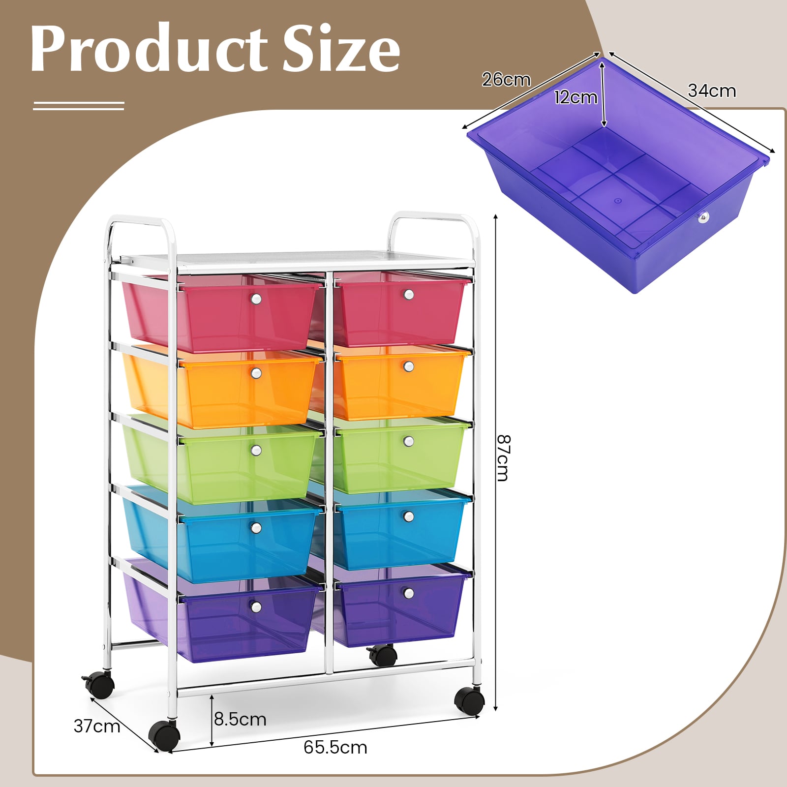 Storage Rolling Cart with 10-Drawer for Tools Scrapbook Paper Organising-Rainbow