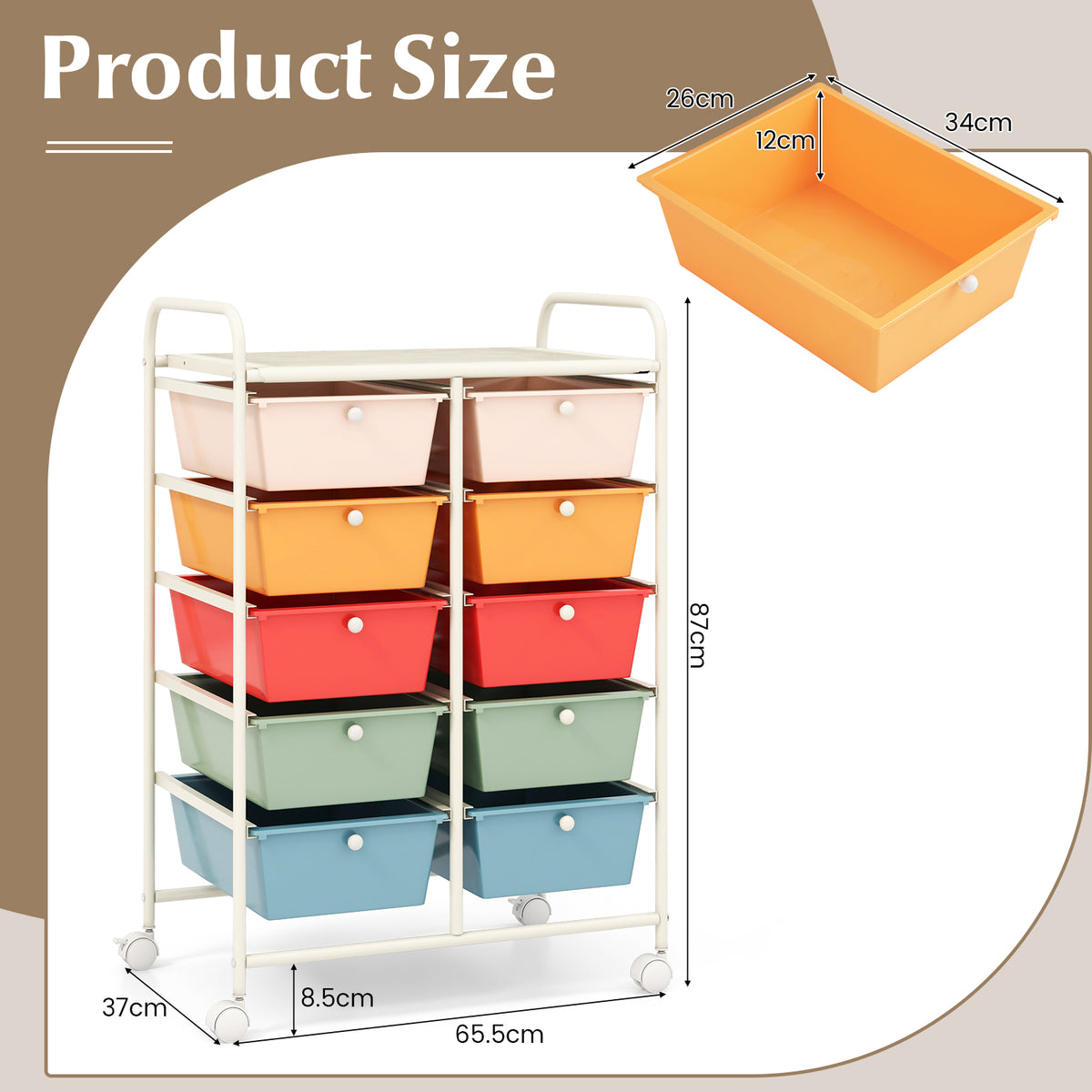 Storage Rolling Cart with 10-Drawer for Tools Scrapbook Paper Organising-Colourful