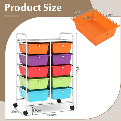 Storage Rolling Cart with 10-Drawer for Tools Scrapbook Paper Organising-Multicolor