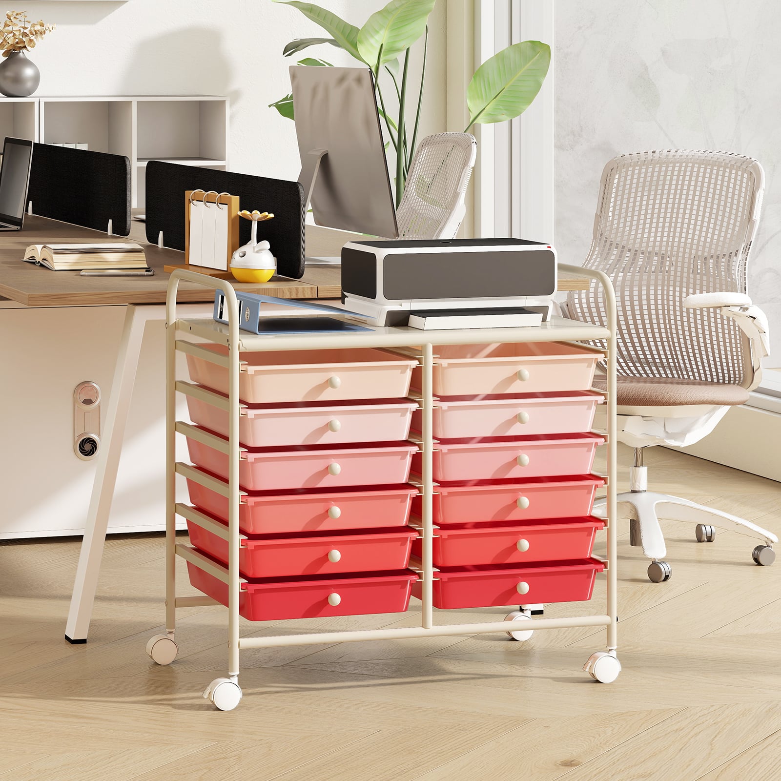 Storage Rolling Cart with Drawer and Large Countertop Side Handles-Gradient Pink