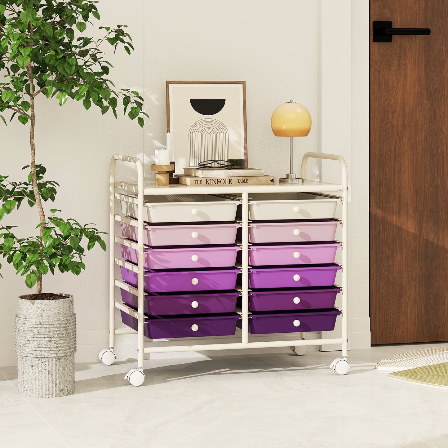 Storage Rolling Cart with Drawer and Large Countertop Side Handles-Purple