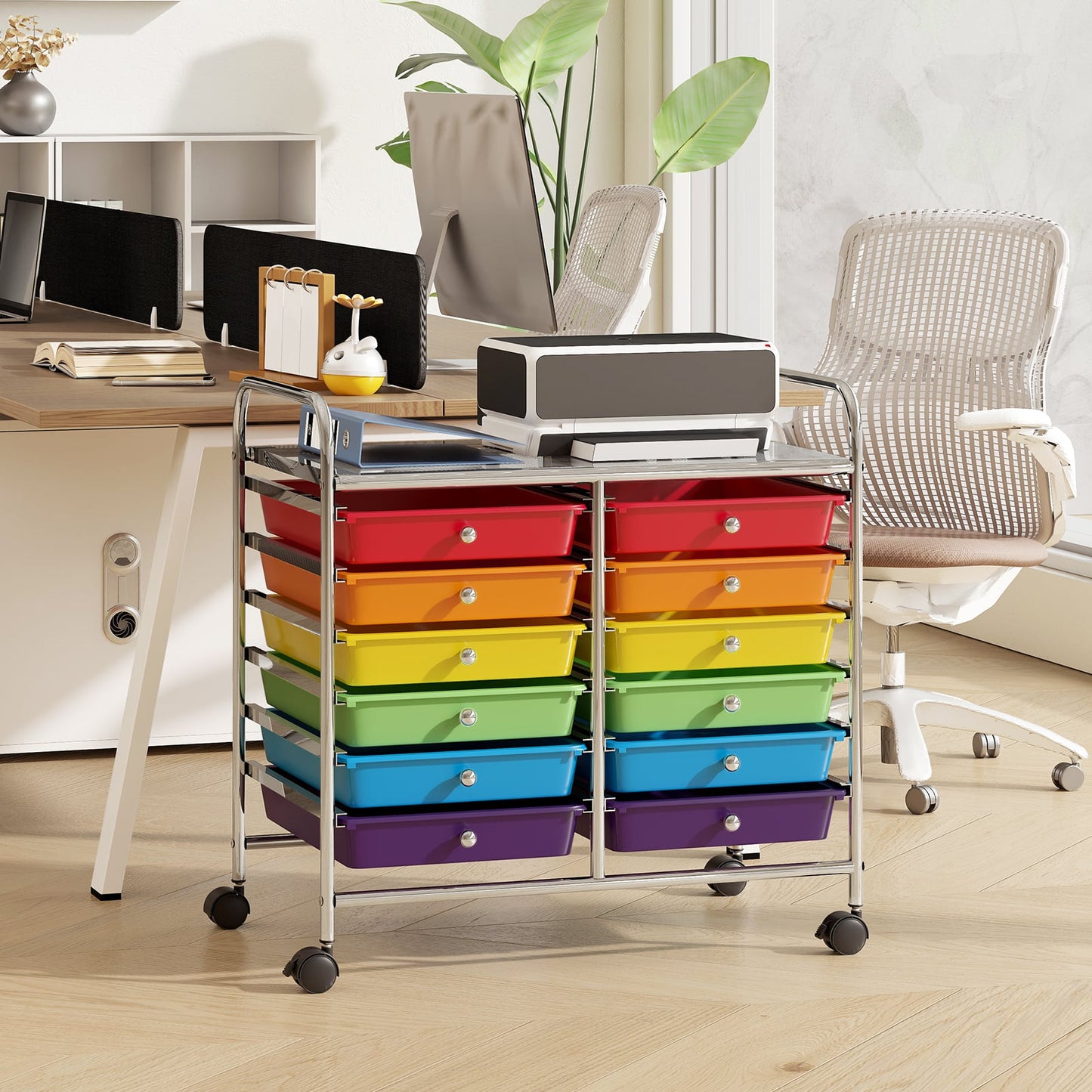 Storage Rolling Cart with Drawer and Large Countertop Side Handles-Multicolor