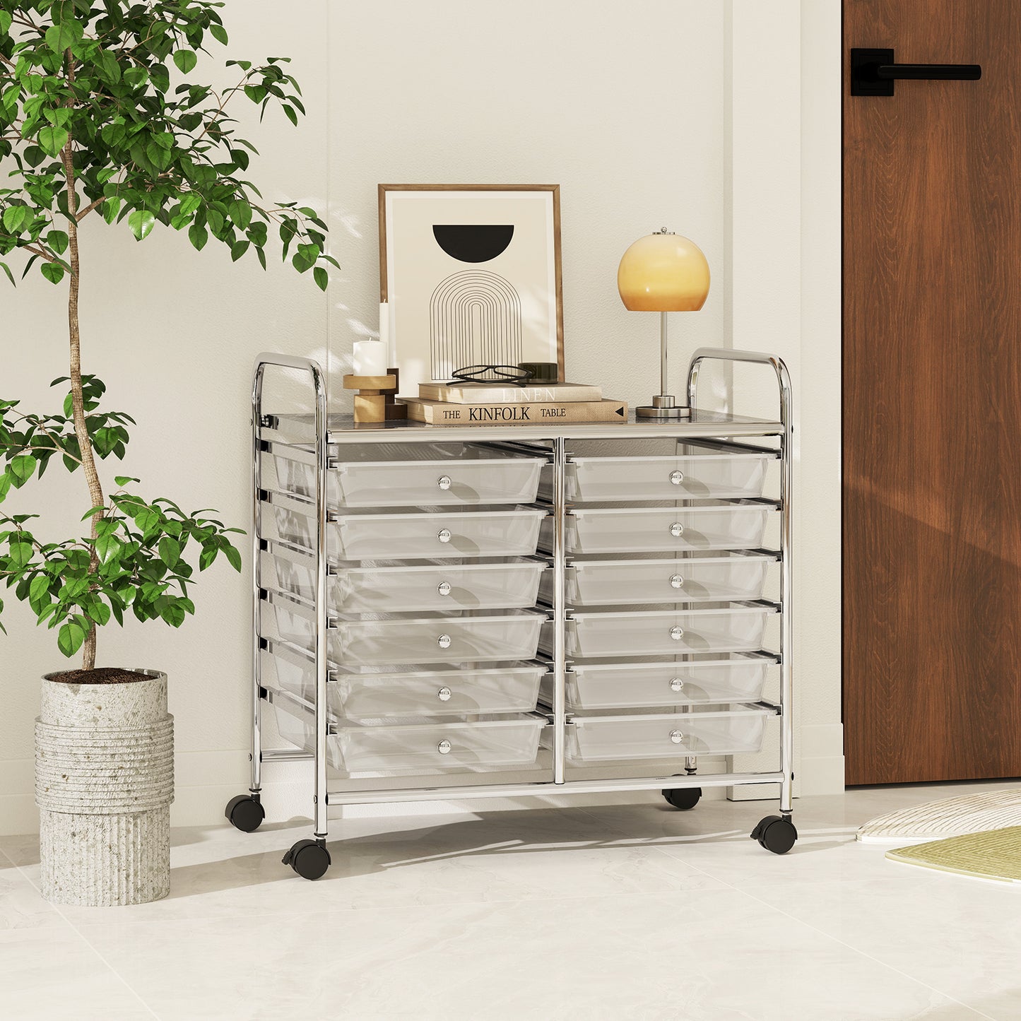 Storage Rolling Cart with Drawer and Large Countertop Side Handles-Transparent