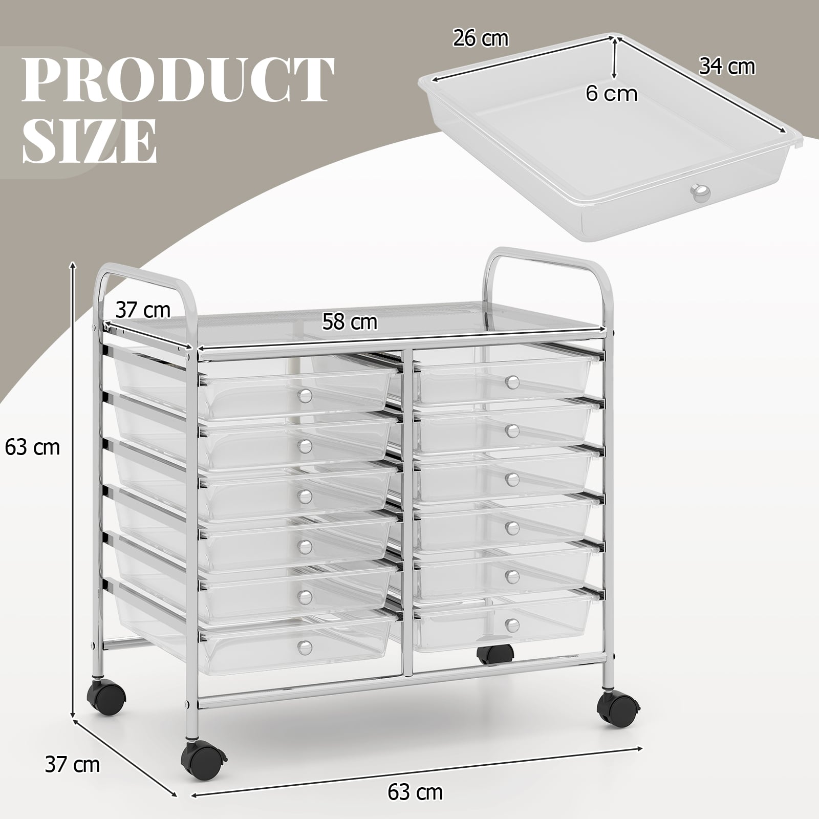 Storage Rolling Cart with Drawer and Large Countertop Side Handles-Transparent